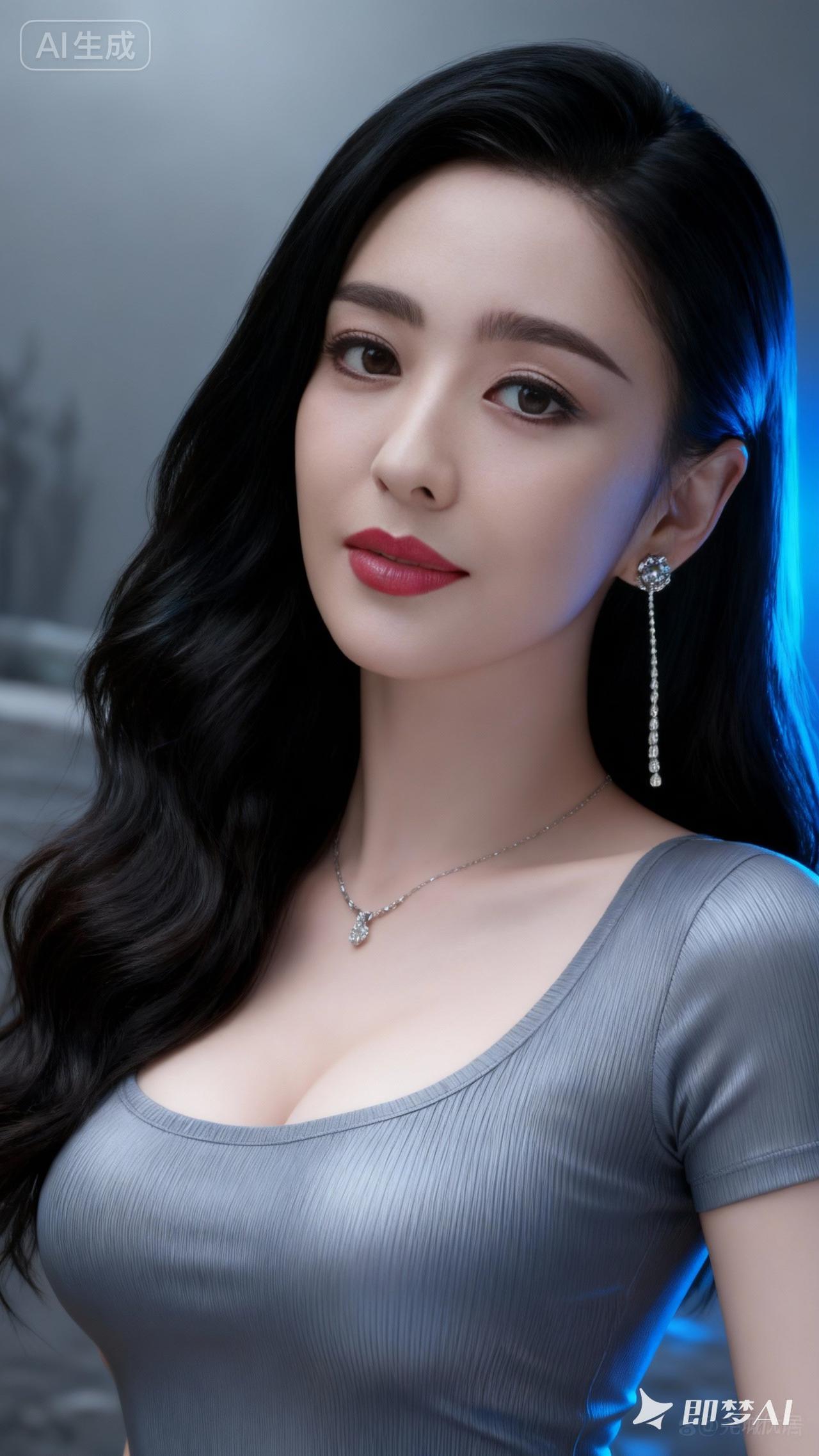 优雅黑发，红唇诱惑，闪耀耳环，时尚穿搭