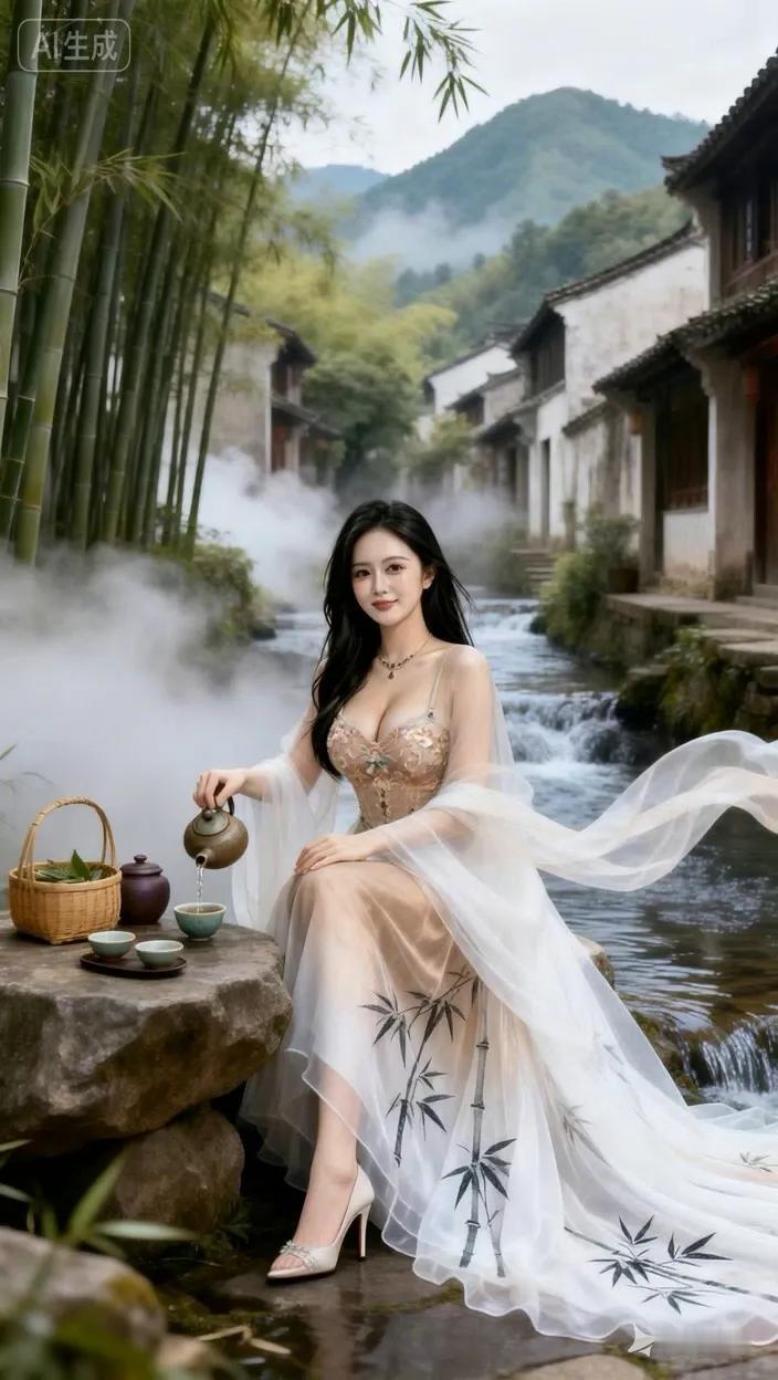 七绝●悠闲度假/古韵   

雾绕烟缭翠竹鲜，
冲茶煮酒用清泉。
幽庄碧水青山秀