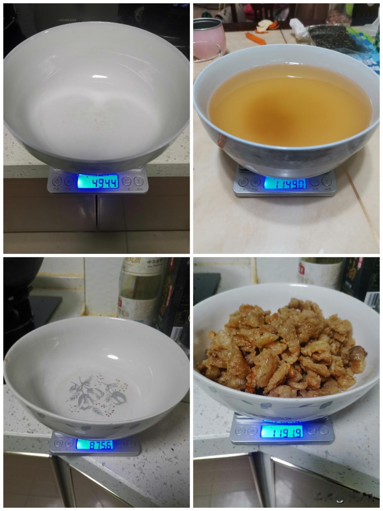 冬天炼猪油，细腻雪白
1200克的猪板油，炼出655克油，还有317克油渣，这个