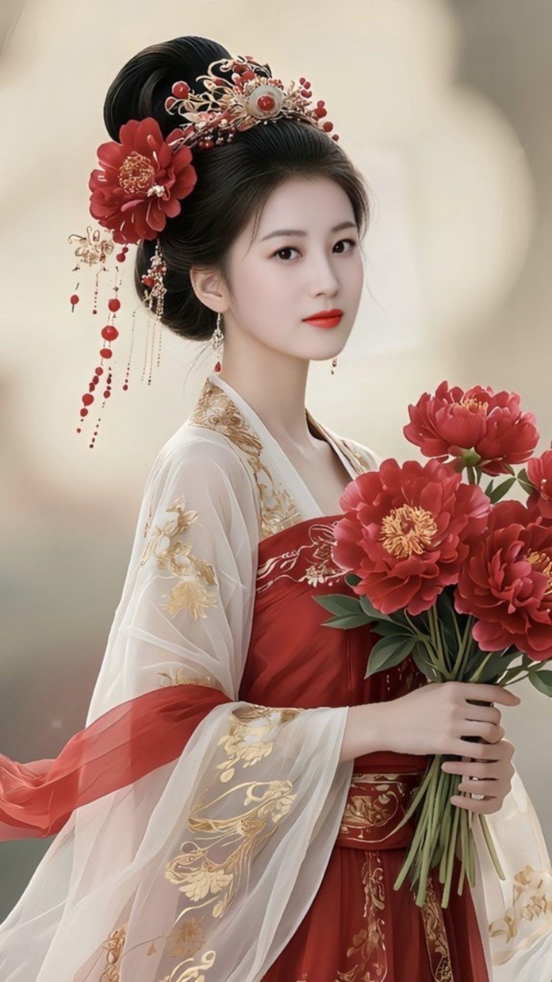 穿越时空的古典美人，手捧红艳牡丹，尽显东方韵味。