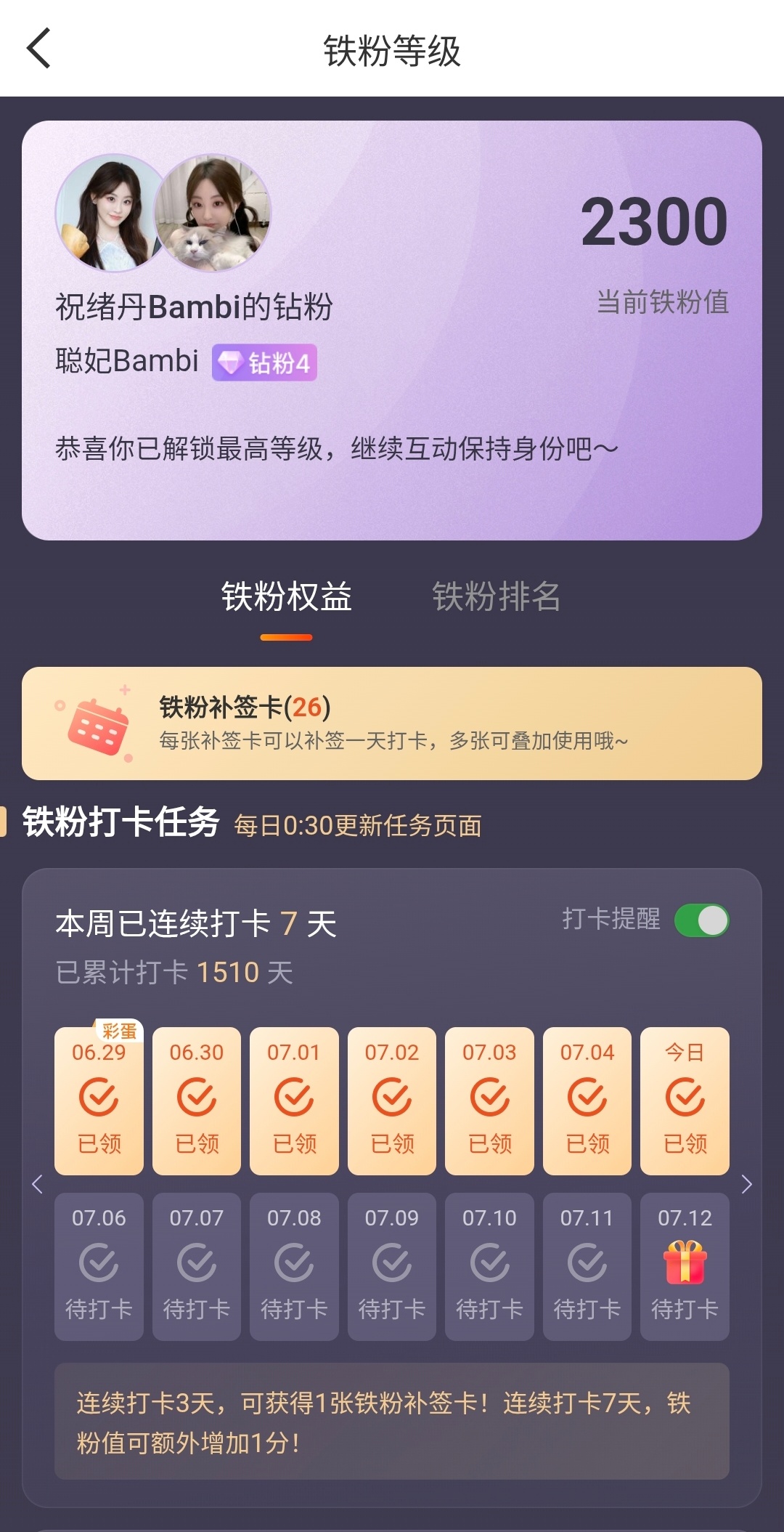 我和续单的钻粉值2300啦～