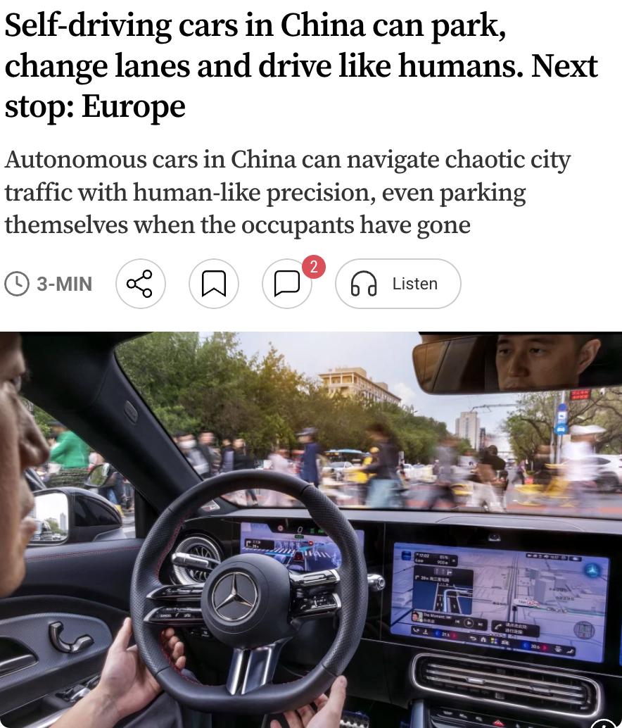 外媒：中国自动驾驶汽车已能如人类般完成泊车、变道等操作，正瞄准欧洲市场。

北京