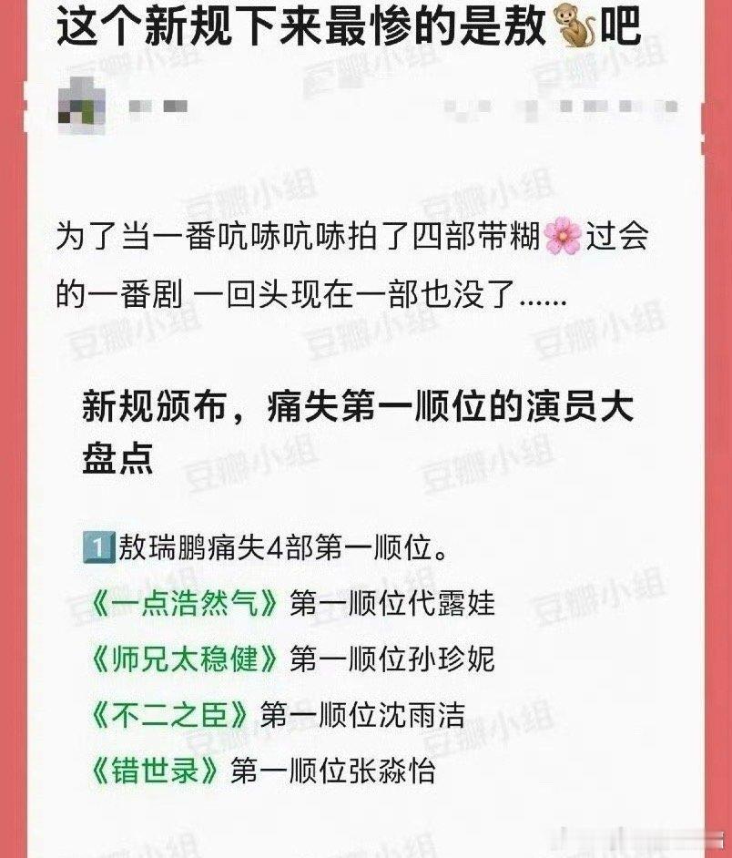 敖瑞鹏痛失4部第一顺位影视署名按姓氏笔画排序的新规下，敖瑞鹏因“敖”字笔画多，痛