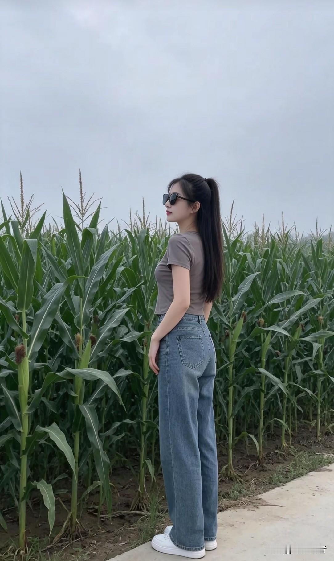 穿废土风解构破洞T恤女孩的又一面。站在玉米地旁想什么？

站在玉米地旁，穿废土风