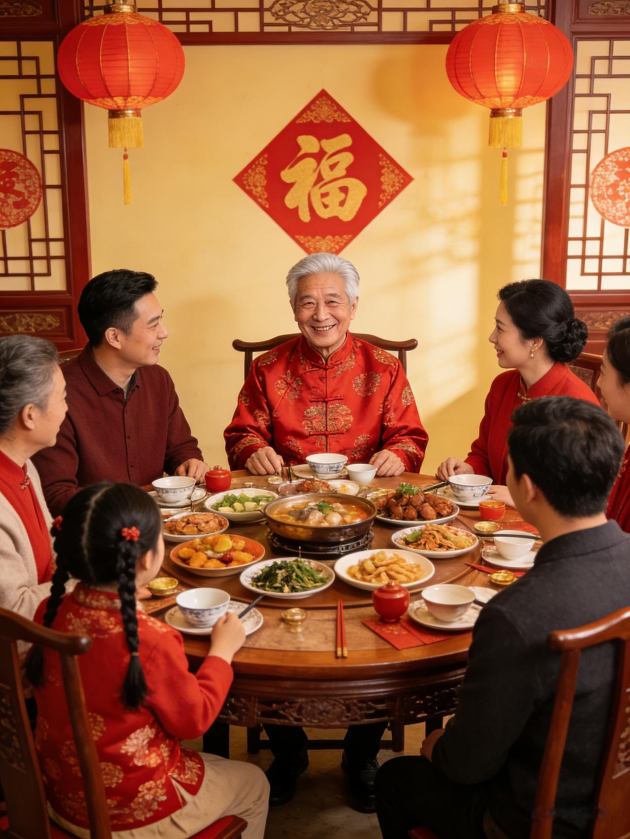 春节家庭聚餐《三个一》
 
圆桌的圆心，
不是那道硬菜，是您——
银发如雪，目光