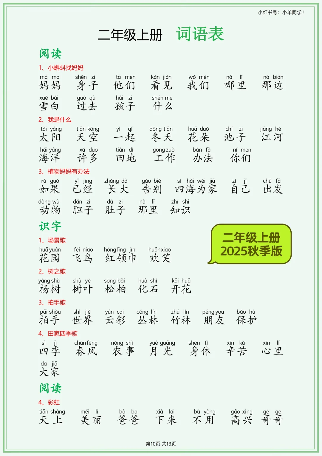 2025秋季版二年级上册课后三表（带拼音）