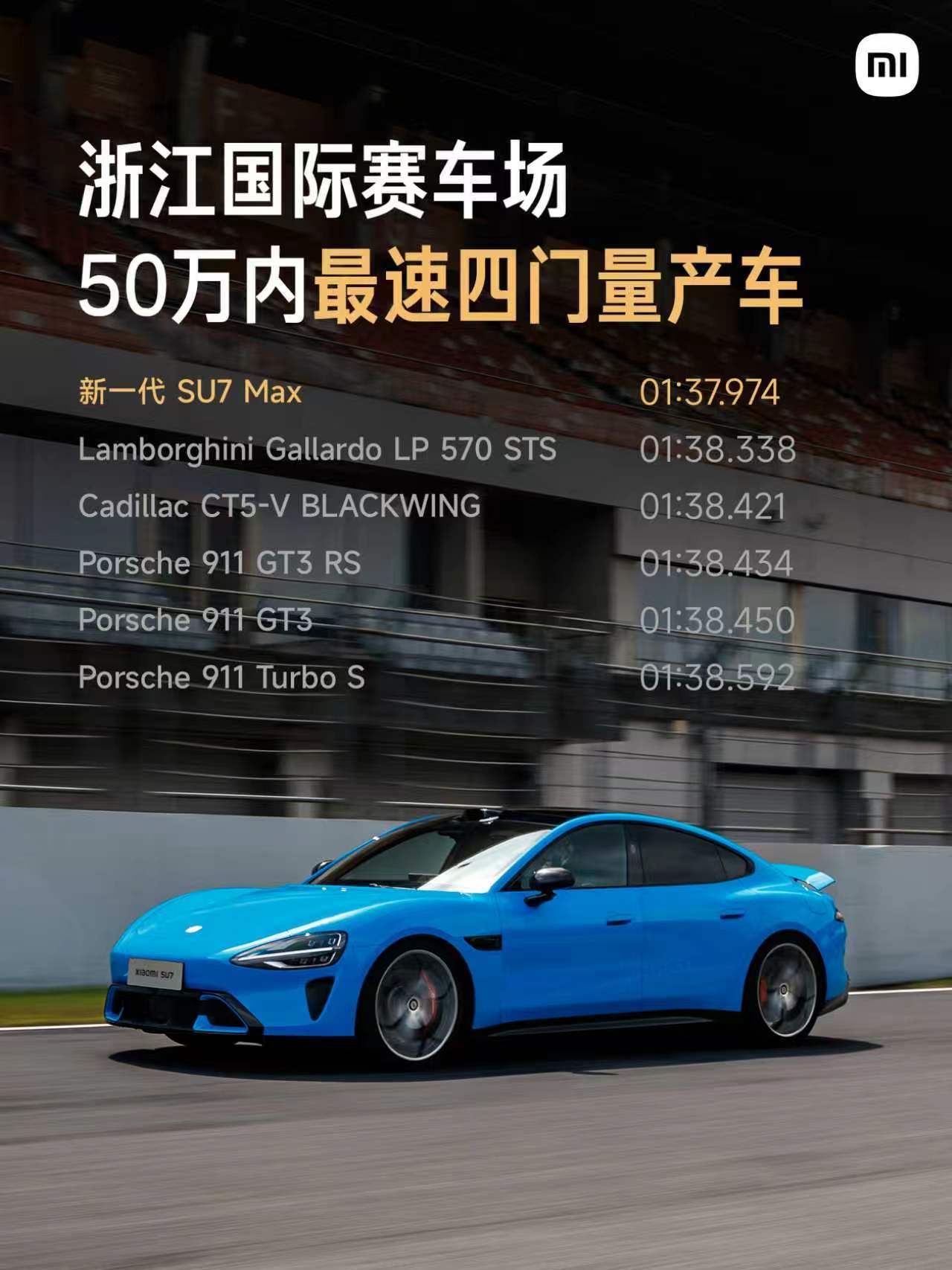 小米SU7 Ultra ，浙赛赛道圈速榜，50万内最速四门量产车。北京车展