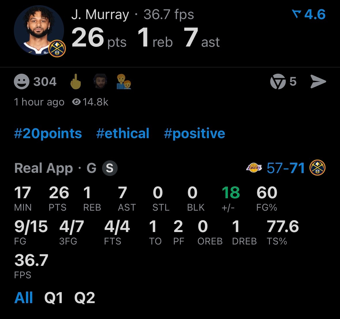 穆雷一打湖人就来劲 “真·宿敌周”半场啊，26+7 