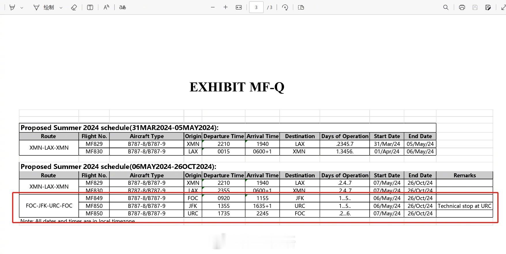 厦门航空向美国交通部提交了一份新的中美航班加班申请。里面提到准备开【纽约-乌鲁木
