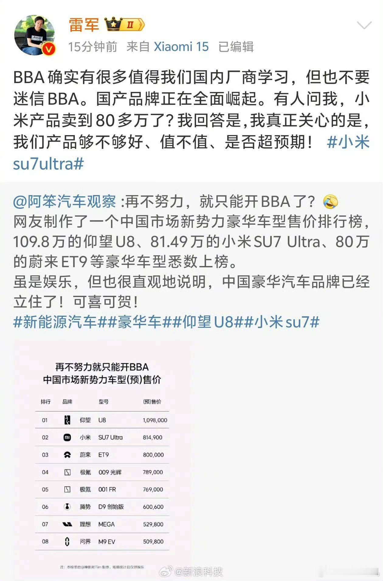 #雷军称不要迷信BBA#雷总提到：有人问我，小米产品卖到80多万了？我回答是，我