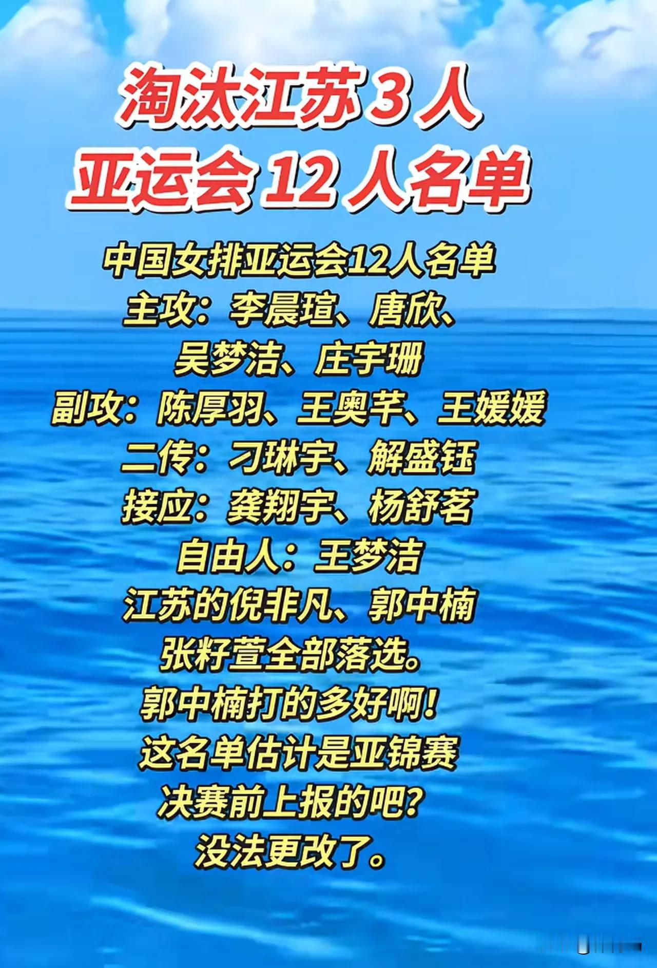 女排亚运会名单新鲜出炉，张籽萱和郭中楠遭弃用。
亚运会开赛在即，刚刚结束亚运会的