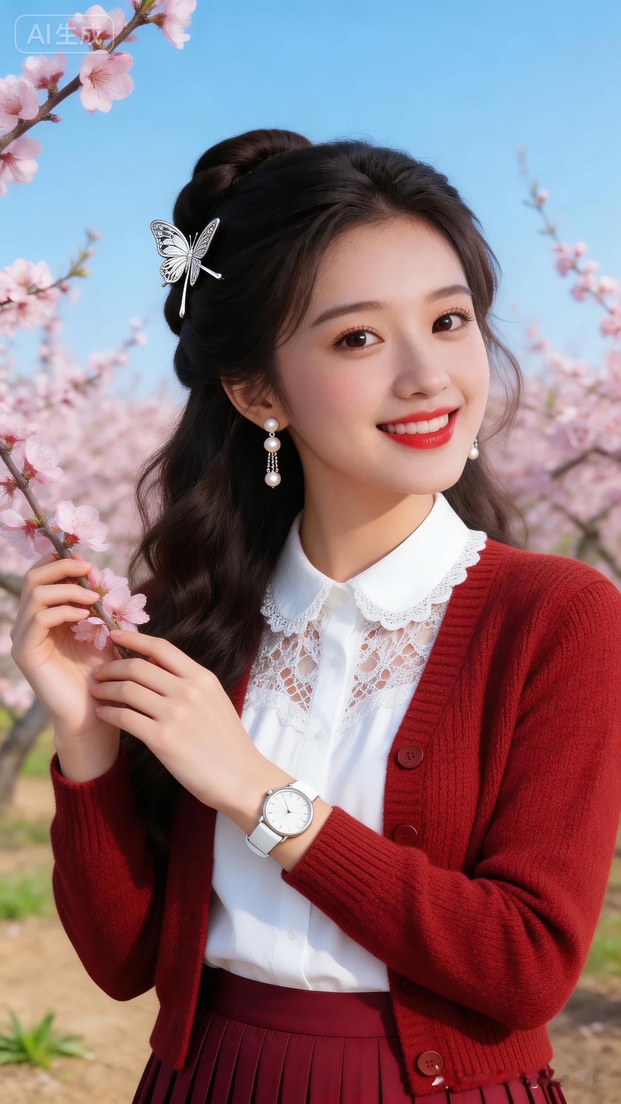 春日少女风，粉色樱花与红衣相映成趣，甜美笑容绽放！🌸💕