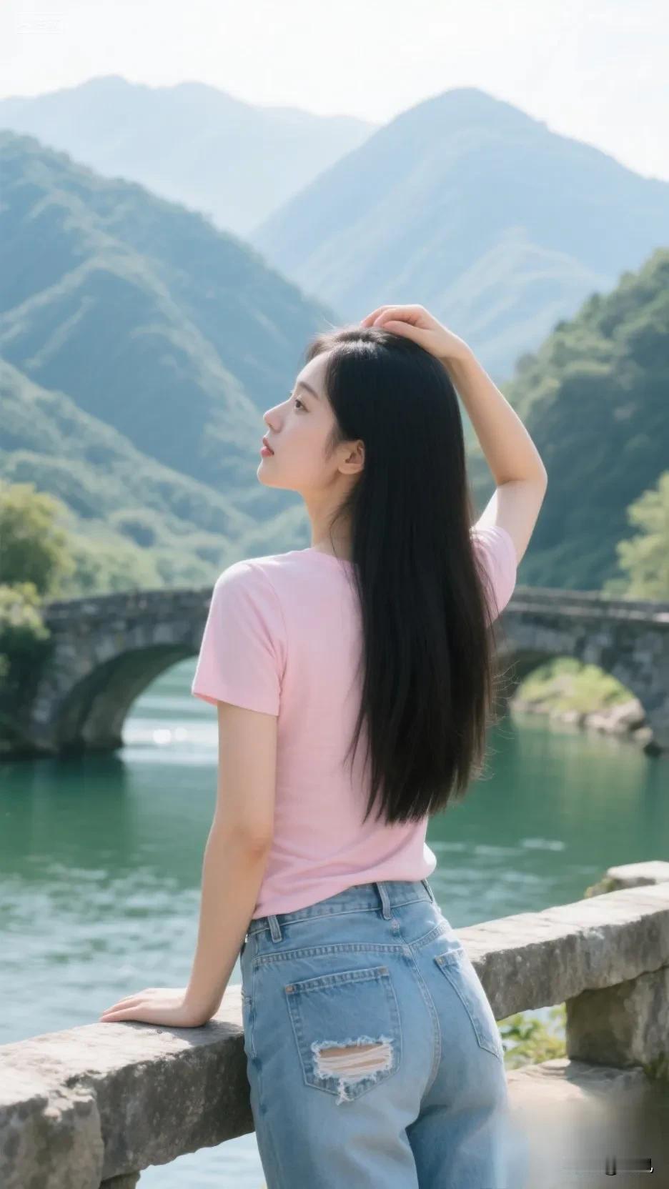 她身着粉色T恤和破洞牛仔裤，站在水边的石桥旁。

一手轻扶发丝，目光望向远方的青