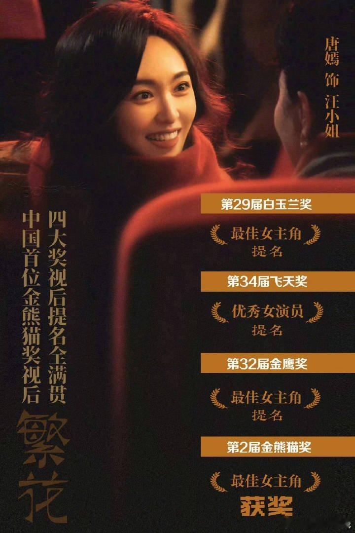 唐嫣完成了金鹰奖、飞天奖、白玉兰奖、金熊猫奖国内四大主流奖的视后提名满贯 第一人