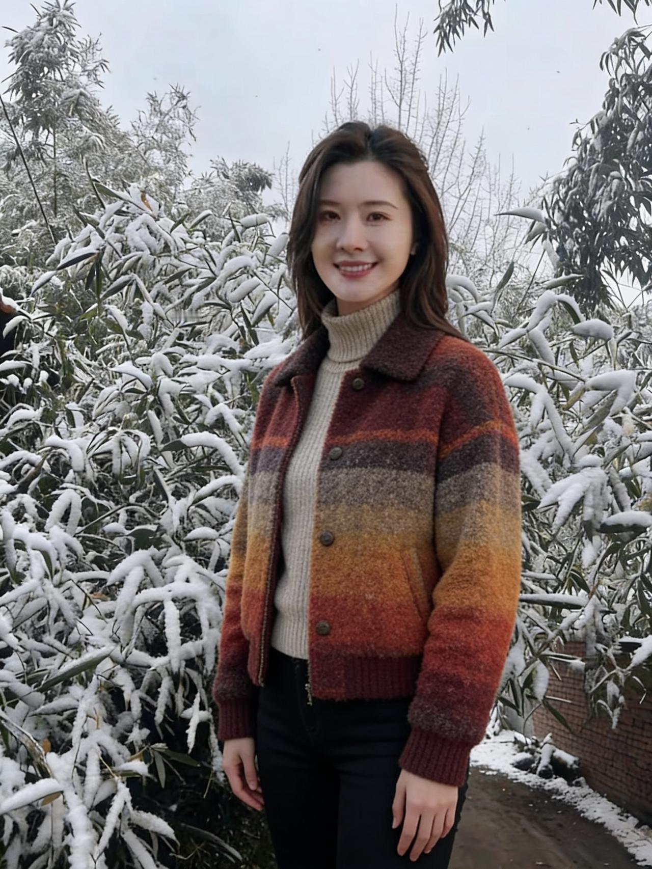 毛衣的橙红是心底的火
棕褐是沉淀的温柔
雪落在竹上，簌簌的
像时光在耳边轻语
～