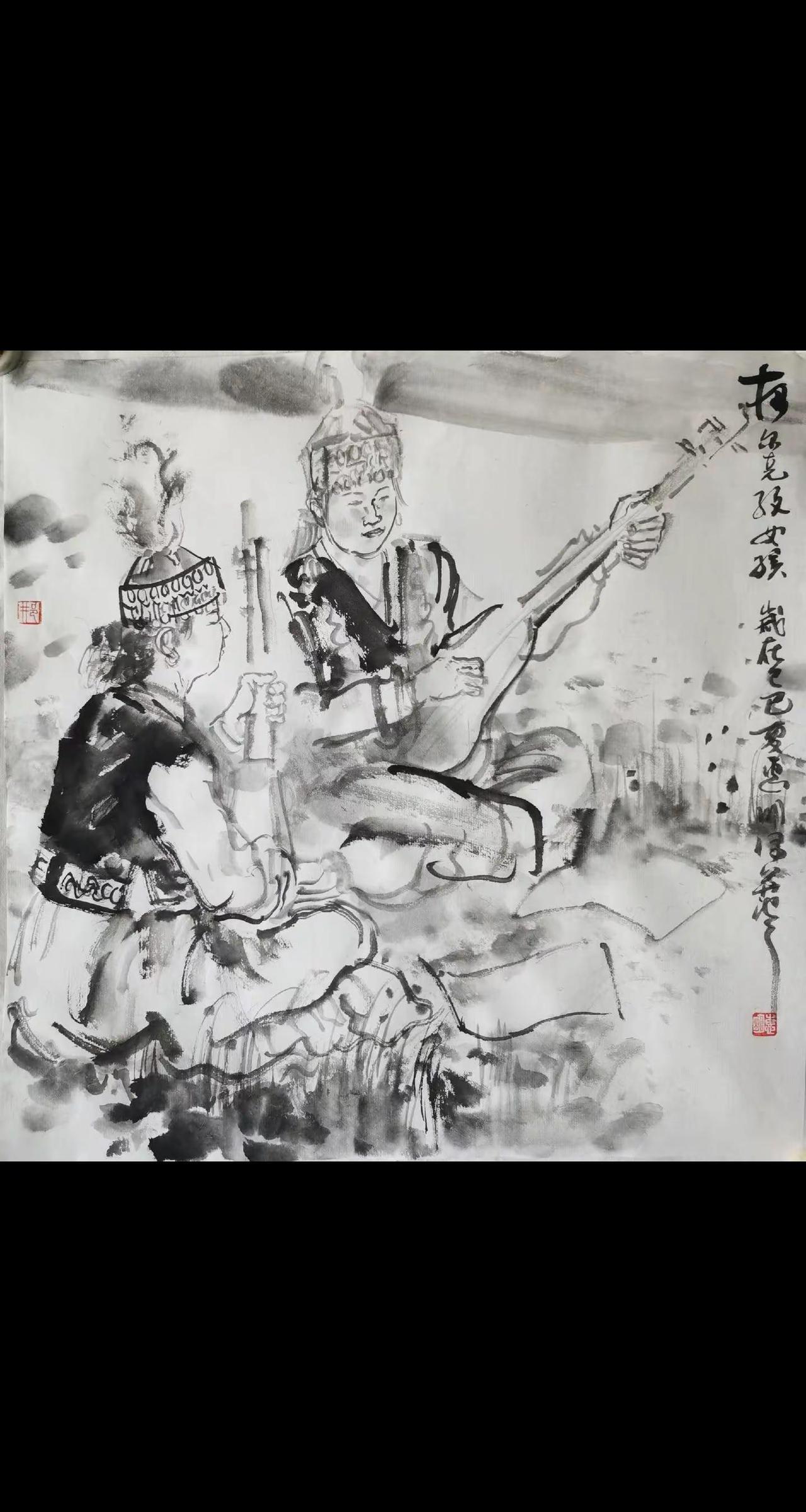 中国当代水墨写意人物画 水墨遇琴音 大写意水墨人物 国画人物写意 民族风情水墨画