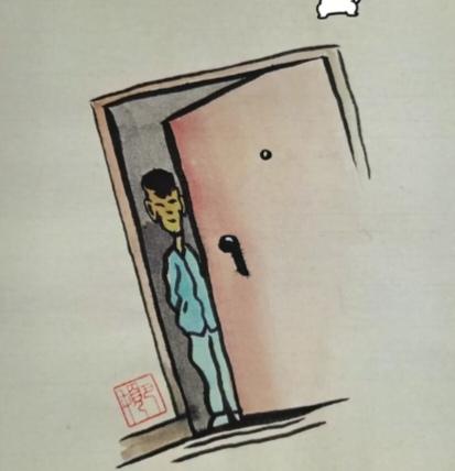 〔歇后语〕
图中画面真有趣；
一人从门缝瞧人；
真是————把人看扁了；
老虎屁