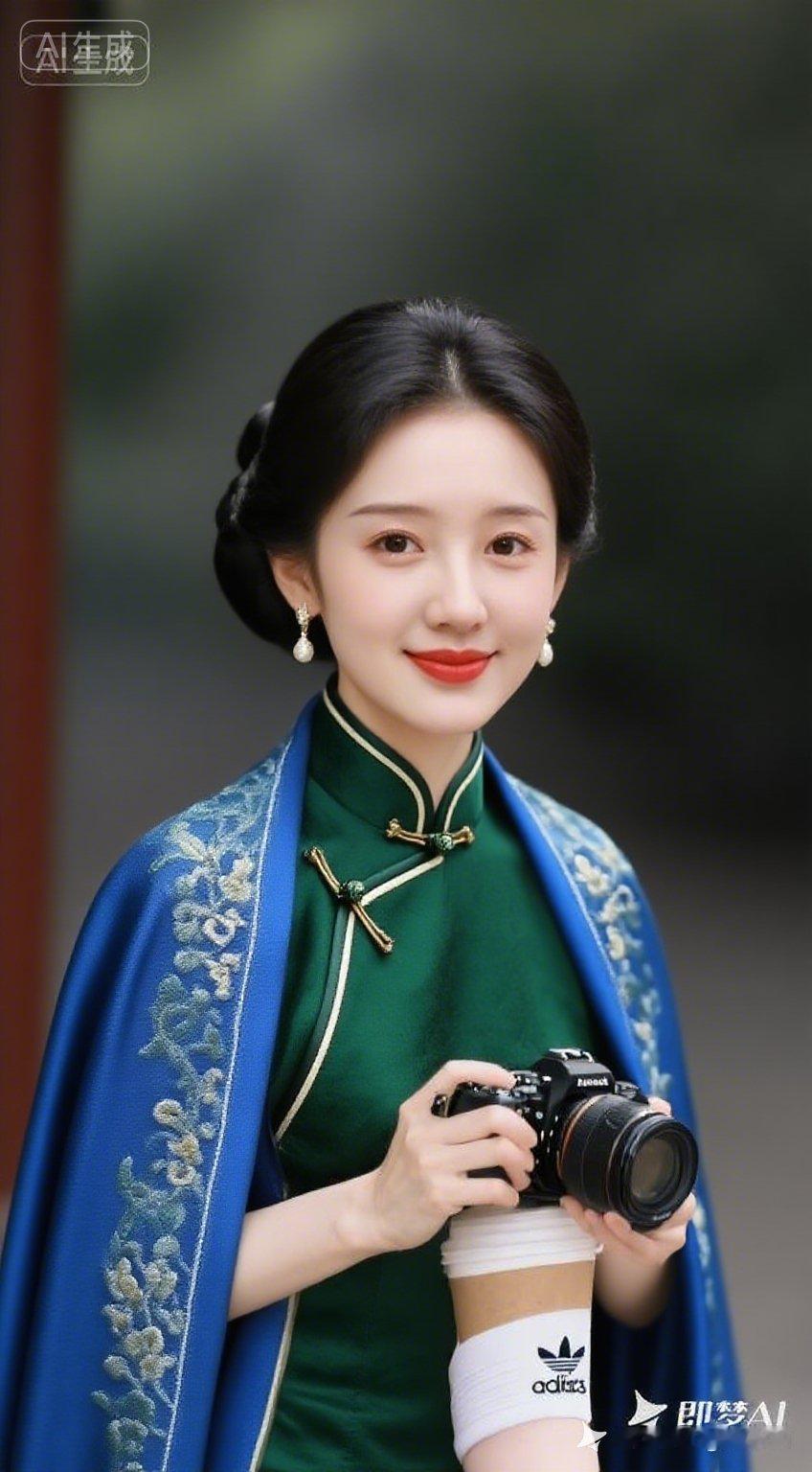 古典与现代的碰撞：旗袍美女手持相机，时尚与优雅的完美结合。