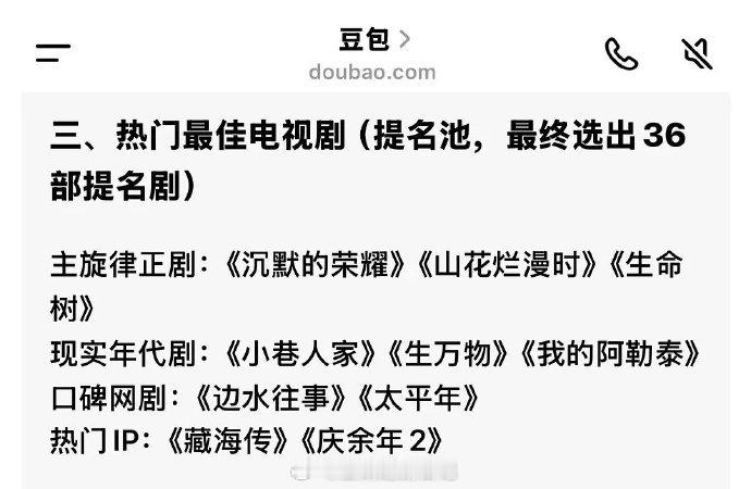 豆包预测金鹰奖最佳男女主提名男主：于和伟、肖战、胡歌、张若昀、白宇、吴镇宇女主：