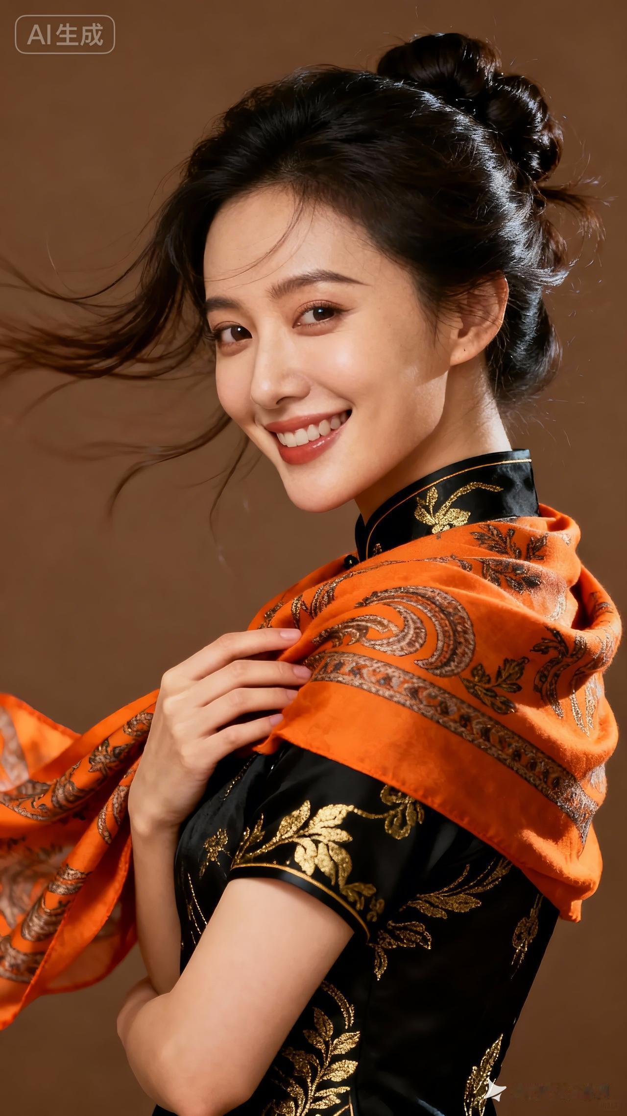 优雅黑金旗袍，搭配亮丽橙色披肩，尽显东方女性魅力！🌟💃