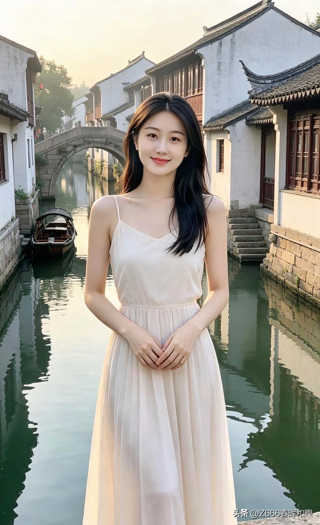 水乡晨光里，素白裙裾胜烟雨。她静立如柳，笑意温婉，古桥流水作伴，将江南的柔情与诗