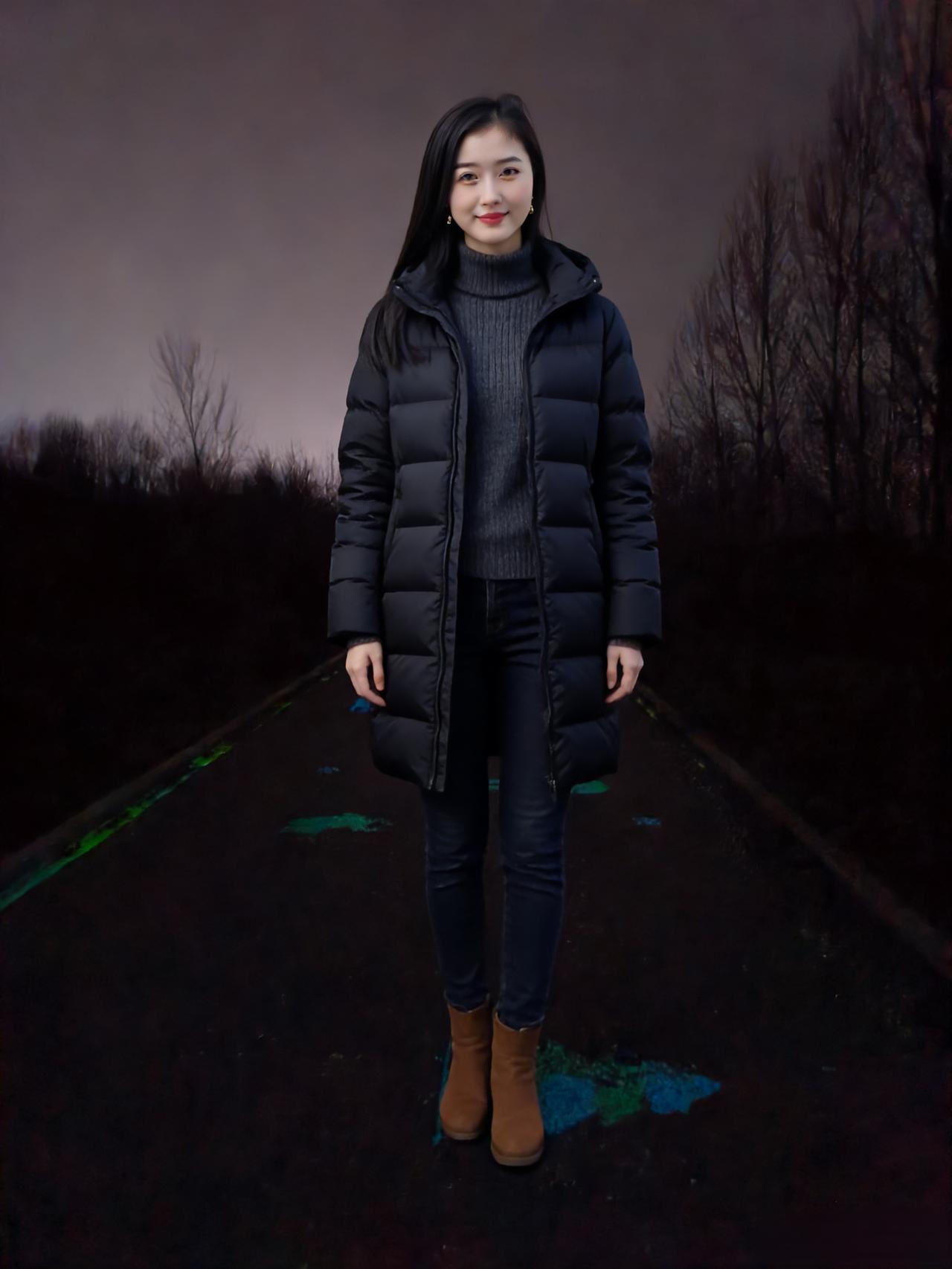 钢筋森林的余温漫过衣摆
深蓝是写字楼的暮色晕开
高领毛衣隔绝了街头的喧嚷
黑裤束