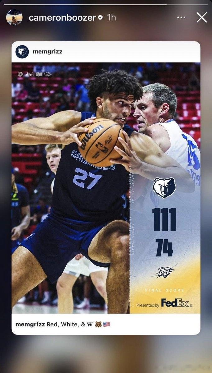 孟菲斯灰熊nba夏季联赛卡梅隆布泽尔 的最新 IG 故事：转发灰熊队的胜利！ 