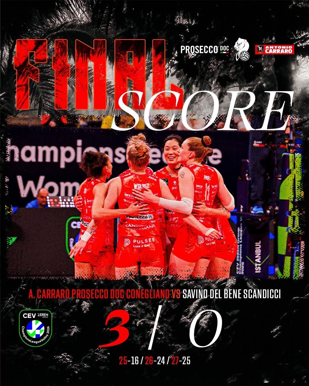 国际排坛动态科内利亚诺欧冠摘铜科内利亚诺3-0斯坎迪奇 朱婷18分 24扣13中