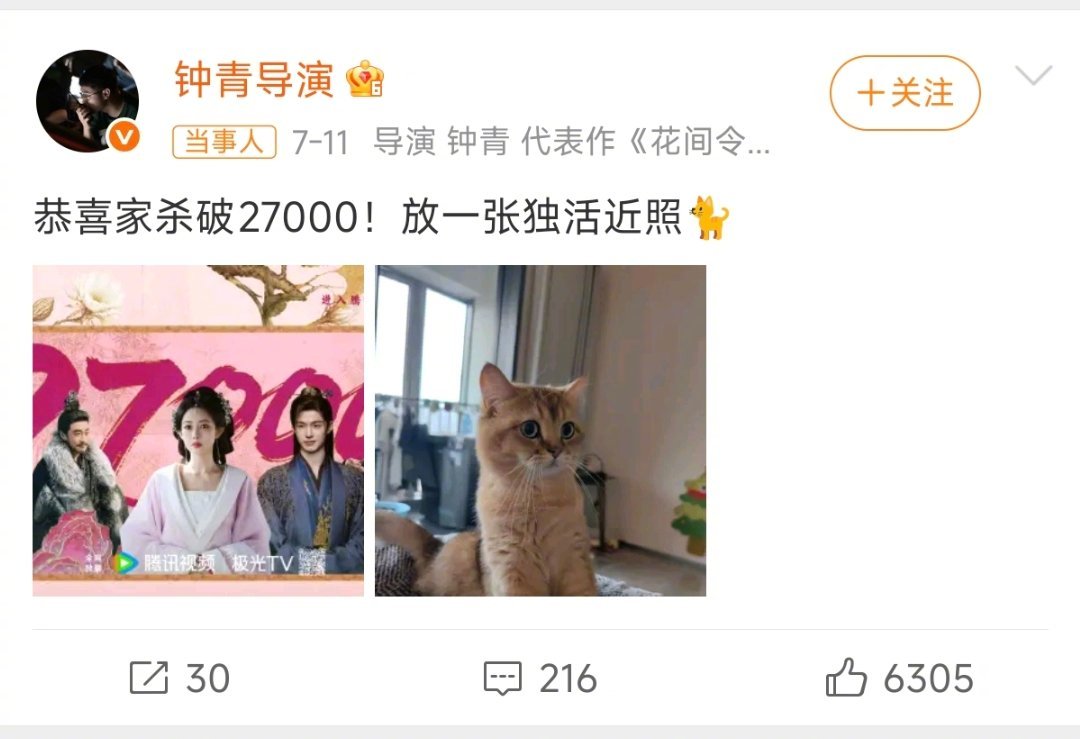百花杀剧组把小猫养成大猫了《百花杀》漫长拍摄期里，当初稚嫩小巧的幼猫，在剧组所有