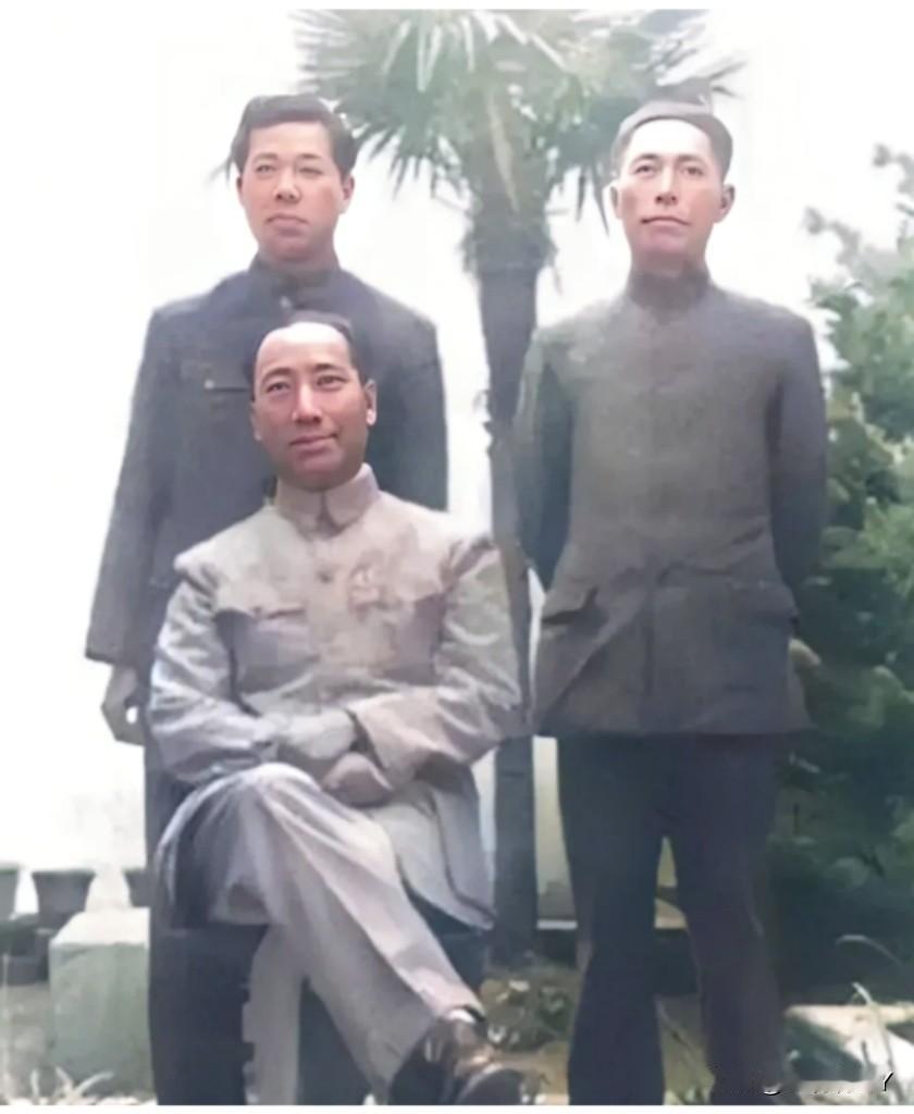 军统副局长戴笠，1945年与其弟、儿子在重庆的合影老照片，时年48岁，神情严肃，