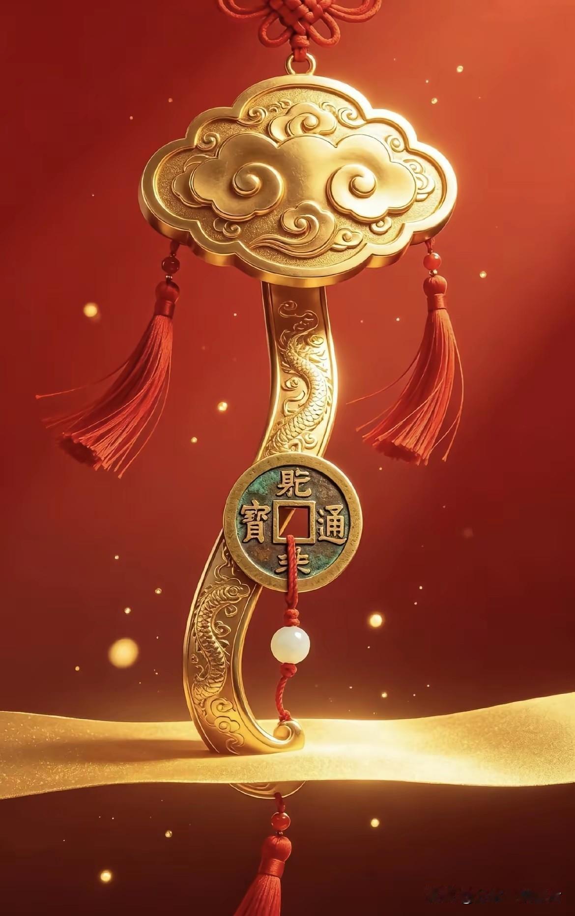 如意呈祥招百福，
铜钱纳贵聚千金。
