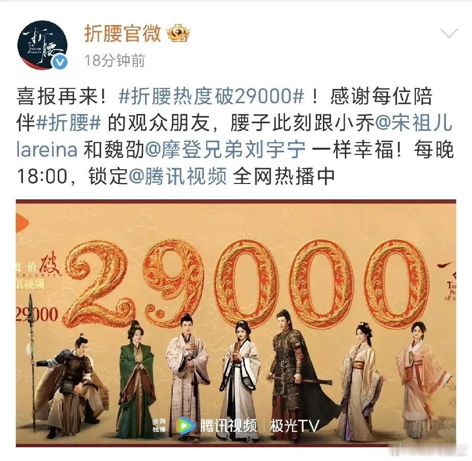 宋祖儿刘宇宁《折腰》热度破29000，估计明天就要破三万！刘宇宁在单人角色榜登顶