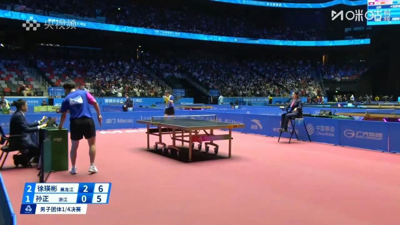 2025大湾区全运会男子团体8-4黑龙江3-1浙江魏世皓/王博3-1蔡伟/孙正（