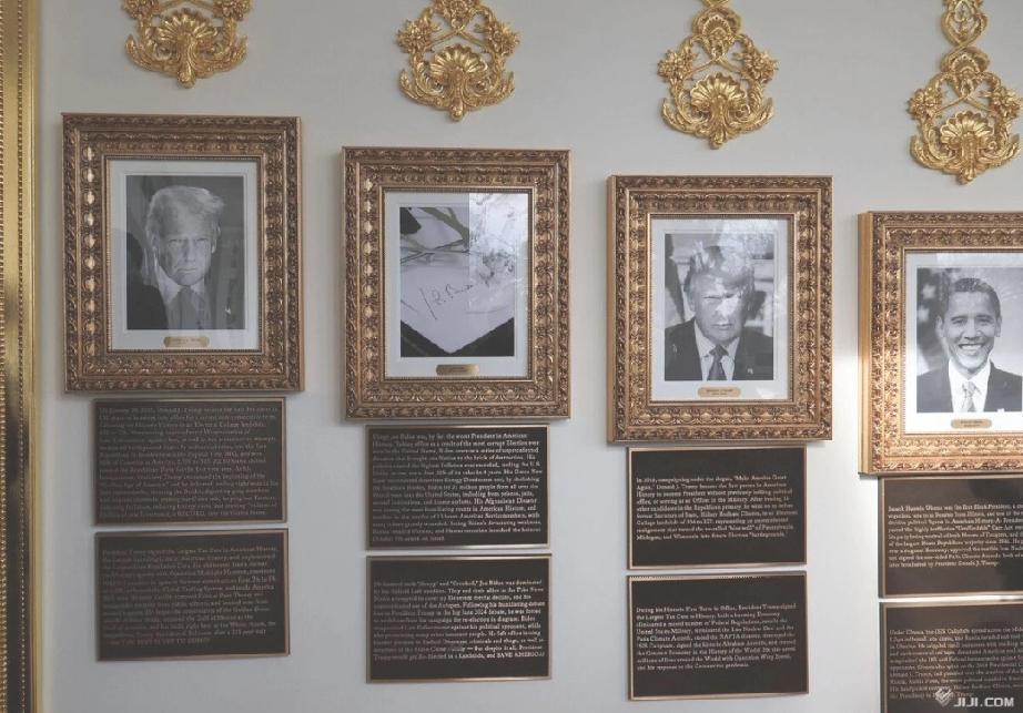 拜登的总统肖像旁加了“史上最糟糕”的说明。
17日美国白宫悬挂的历届总统肖像里，