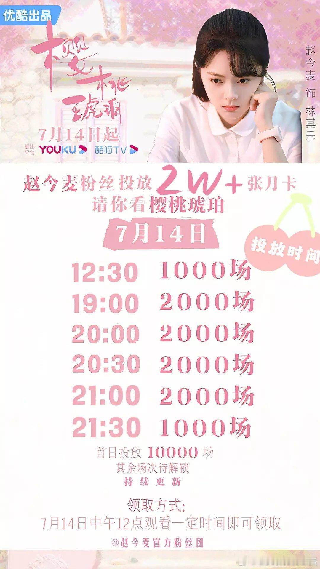 赵今麦粉丝请大家看樱桃琥珀啦，已经投放 2w➕月卡[打call][打call] 