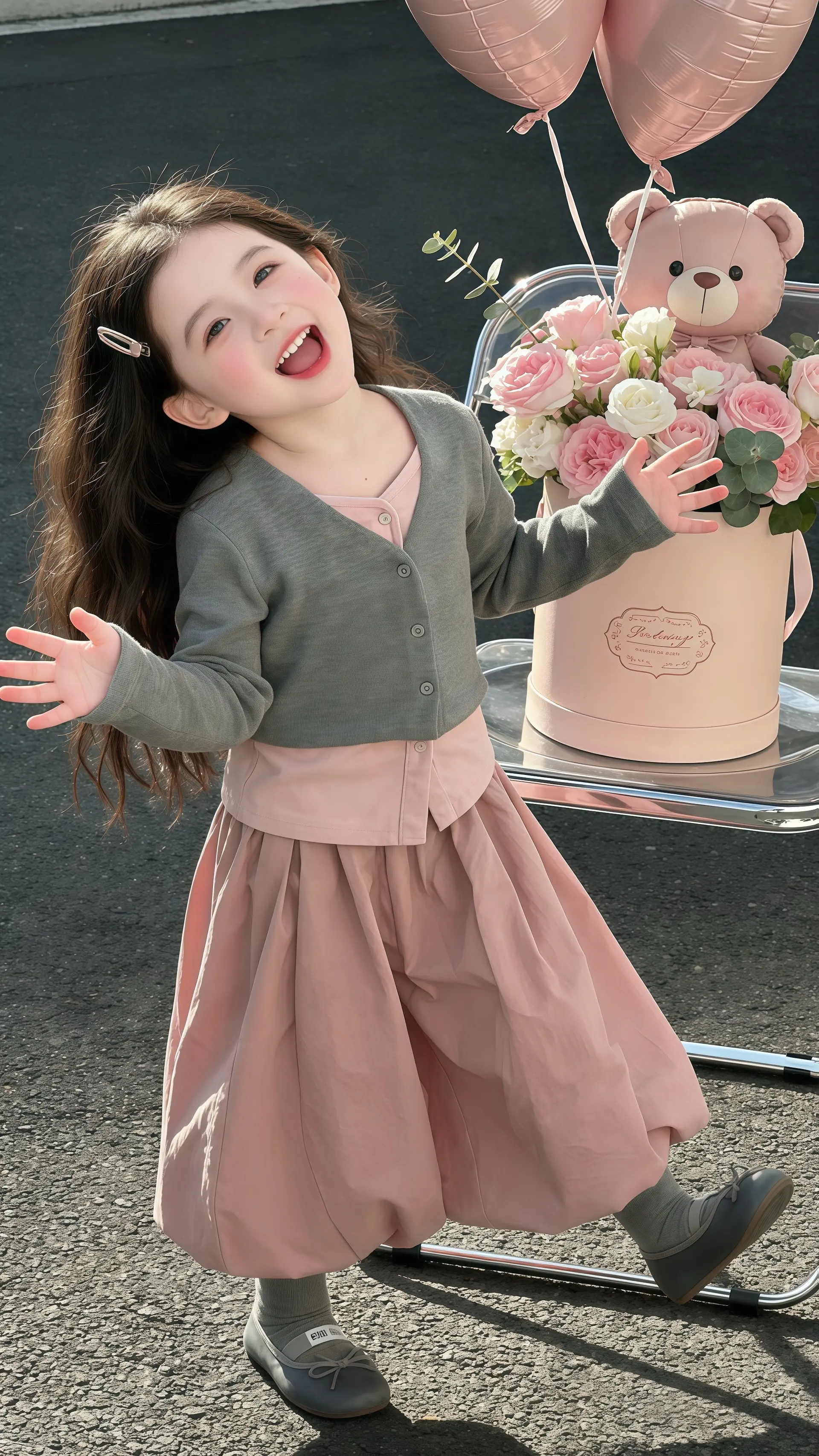 娃弯着腰笑开花，灰开衫软乎乎像“裹了片薄雾”，粉纱裙晃起来像“盛着团樱...