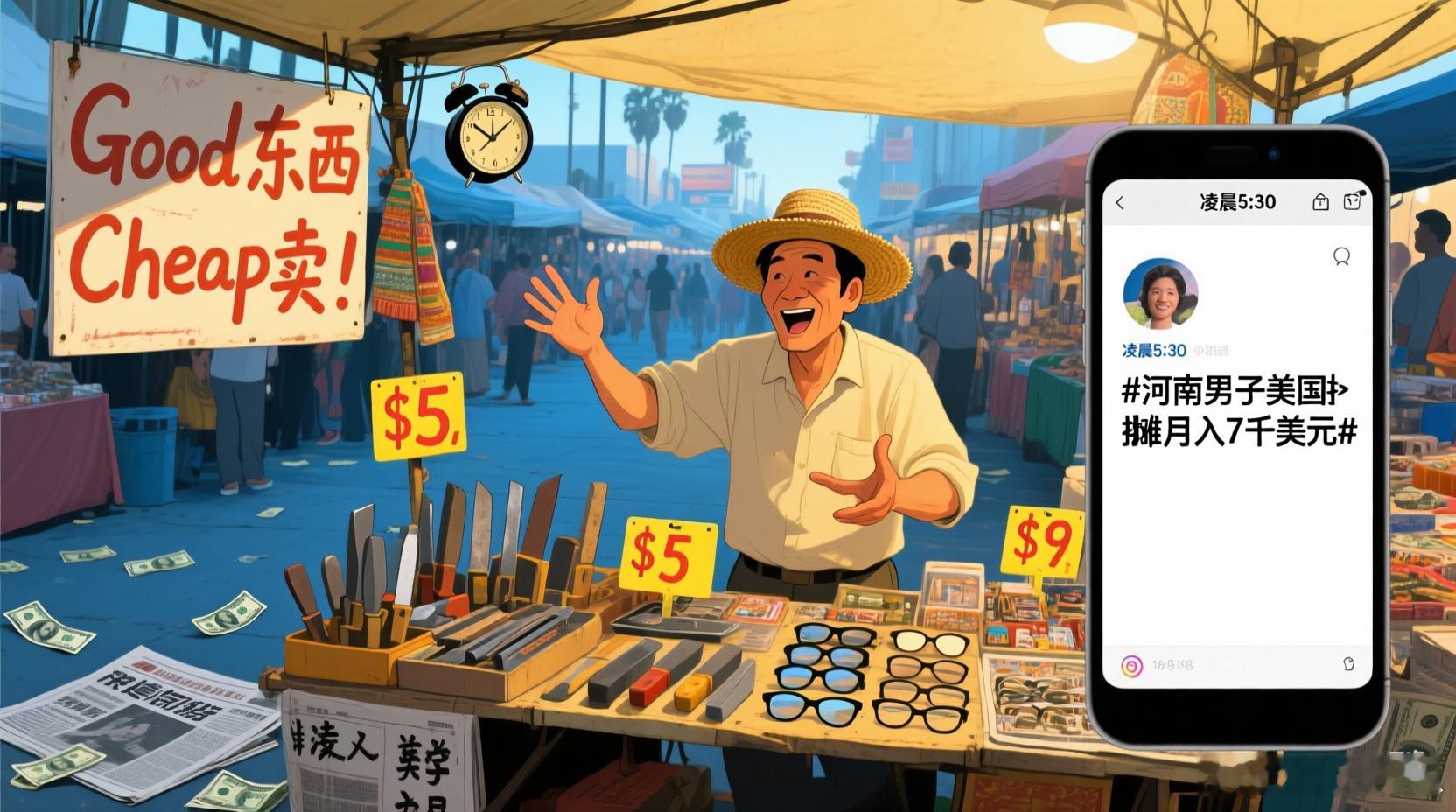 河南男子美国摆摊月入7千美元散装英语摆摊男子称月入7千美元国内1块义乌货，美国卖