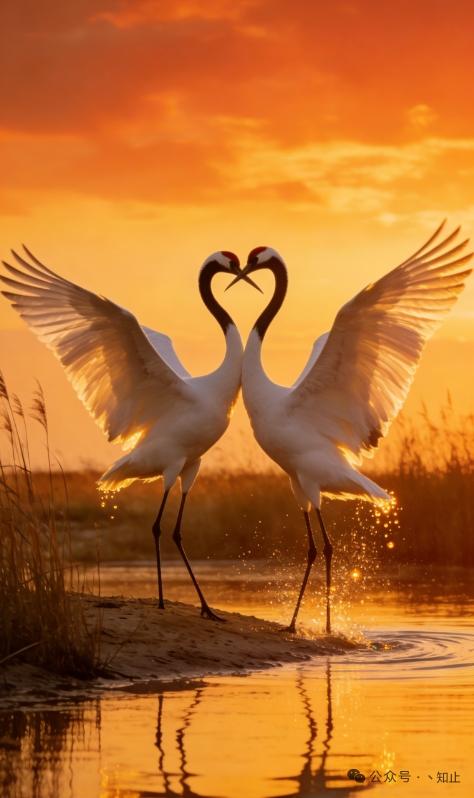 夕阳鹤双，翩跹鹤舞，柔美力量，霞光鹤影，视觉盛宴，