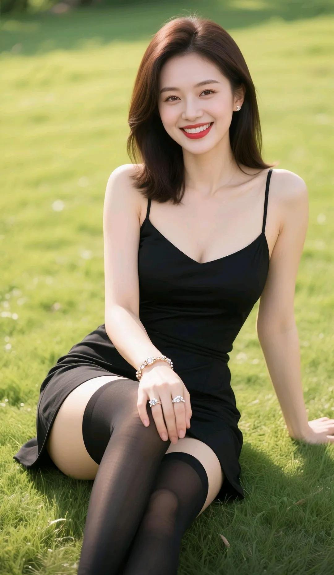 夏日清新穿搭，黑裙与绿草的完美搭配，甜美笑容，元气满满！🌞💖