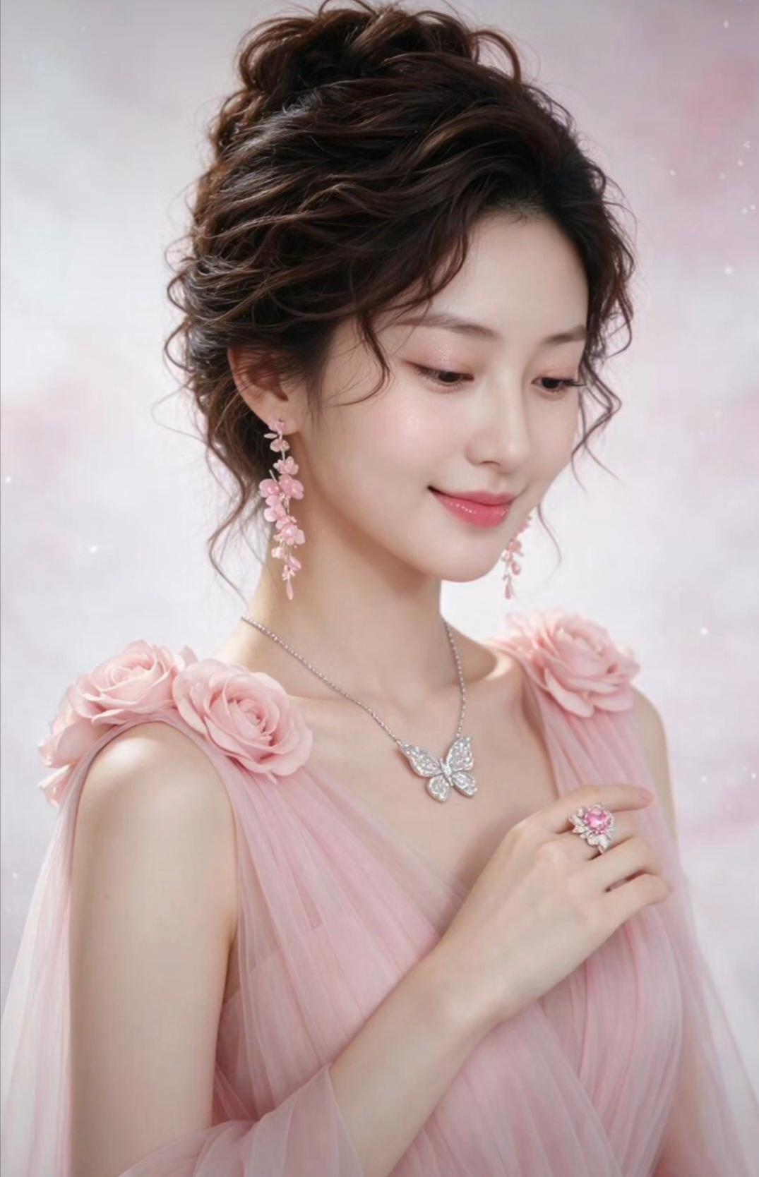 温柔粉裙，梦幻花环，甜美笑容，仙女气质满满！🌸💖✨