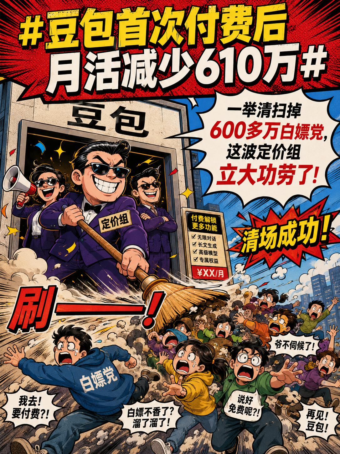 豆包首次付费后月活减少610万一举清扫掉600多万白嫖党，这波定价组立大功劳了！