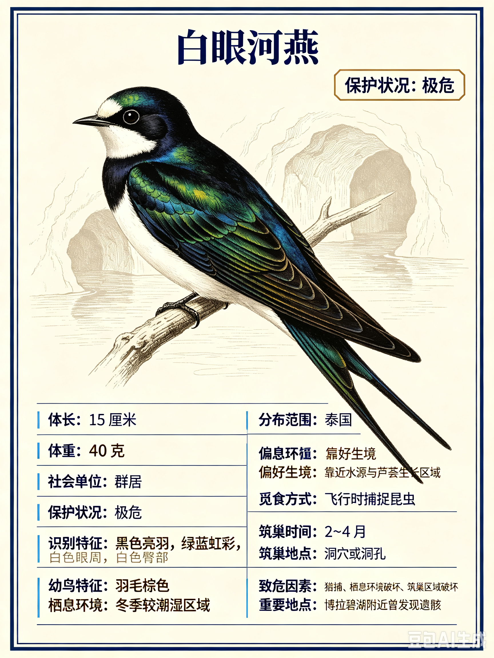 鸟类朋友图鉴 白眼河燕体长：15 厘米体重：40 克社会单位：群居保护状况：极危