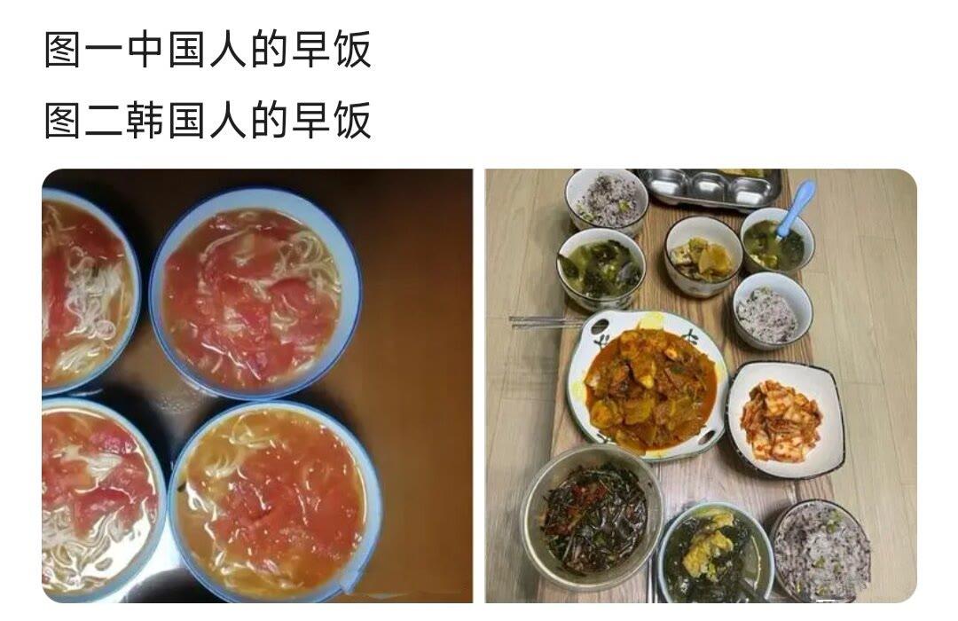图一中国人的早饭 图二韩国人的早饭