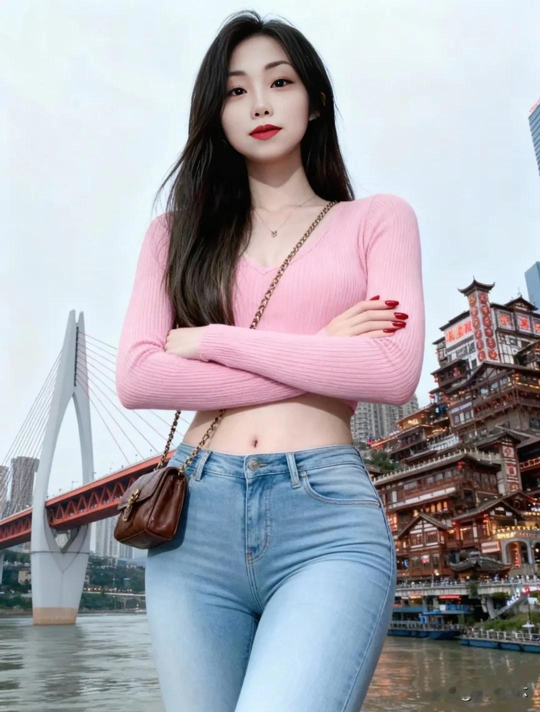 元气少女在古桥旁，粉衣牛仔裤，甜美又时尚！好身材性感女神 显身材穿搭