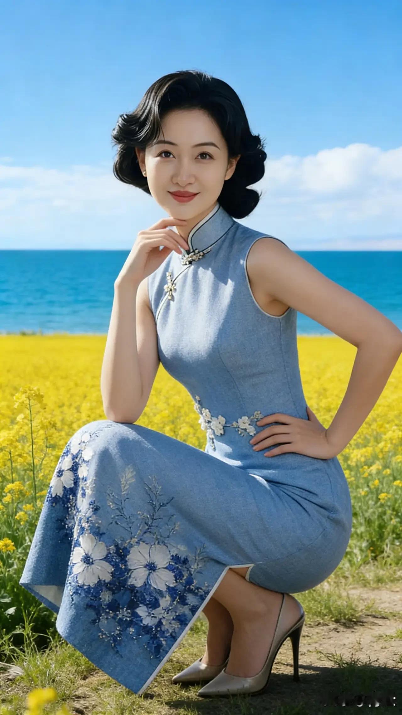 优雅蓝裙，海风轻拂，花海相伴，尽显东方韵味。
