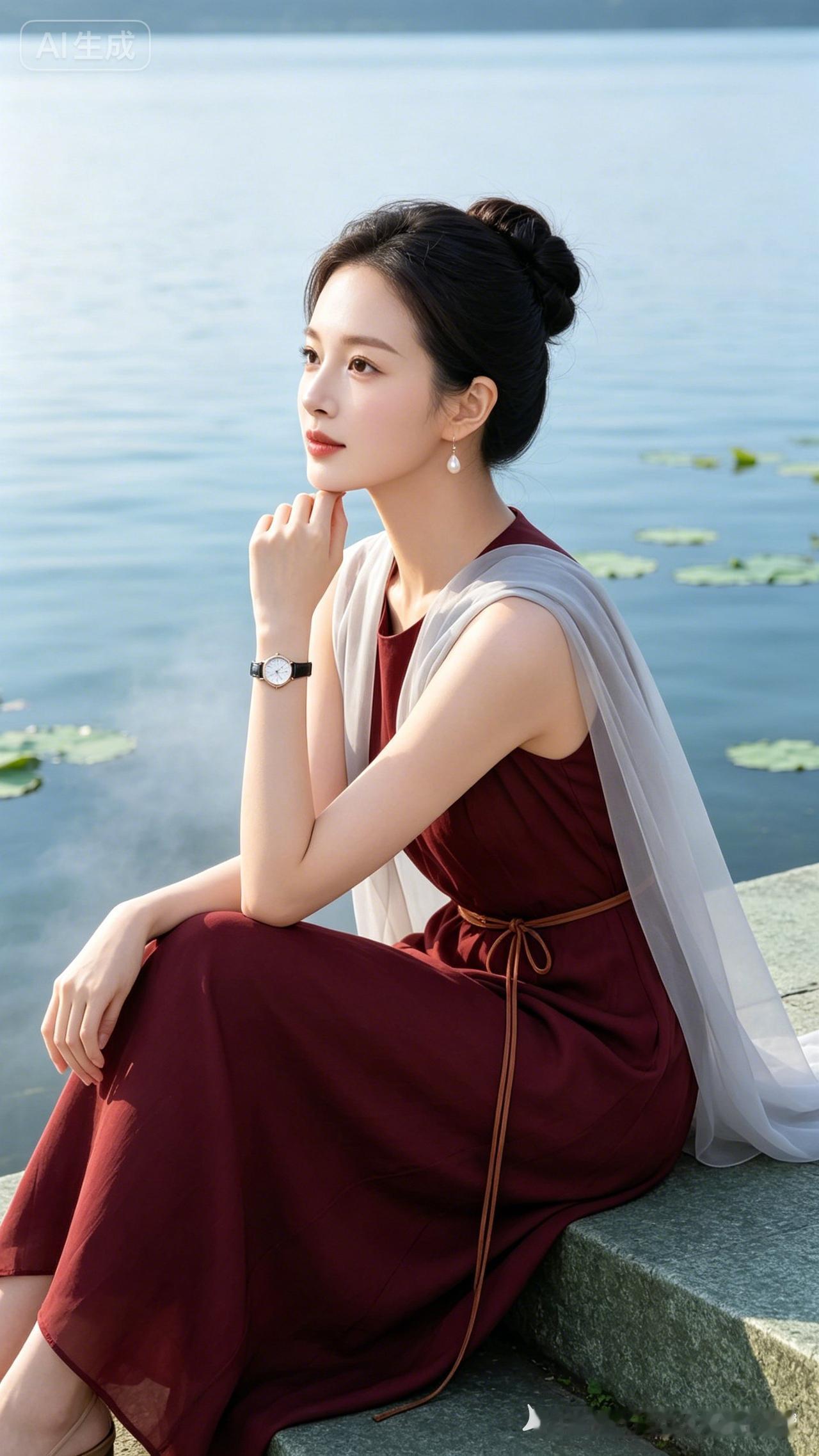 一位气质优雅、知性的年轻亚洲女性，肤色白皙，红唇淡妆。黑色长发梳成高雅的盘发发髻