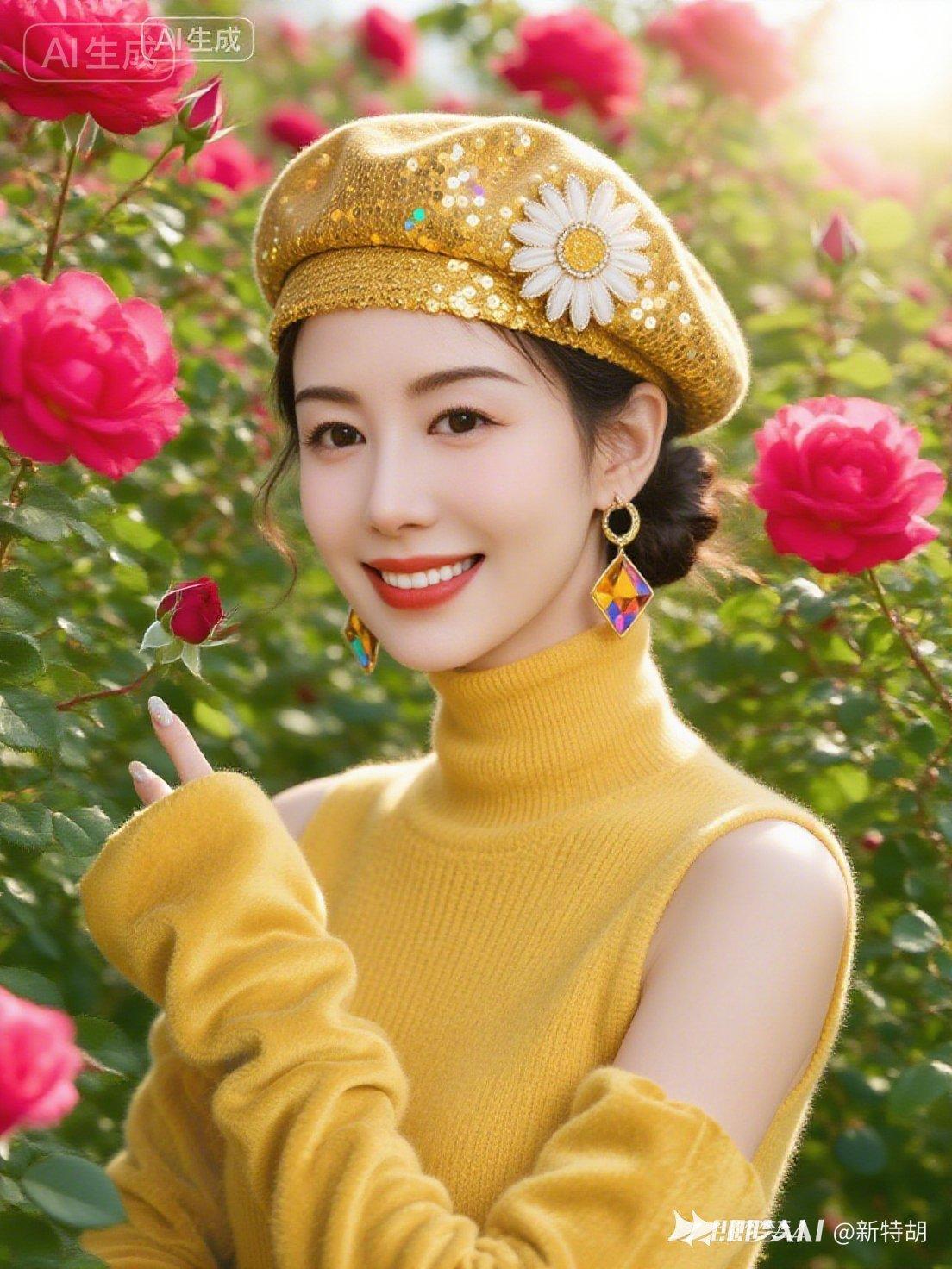 阳光明媚的春日，金发少女与盛开的玫瑰相映成趣，甜美笑容绽放！🌸💖