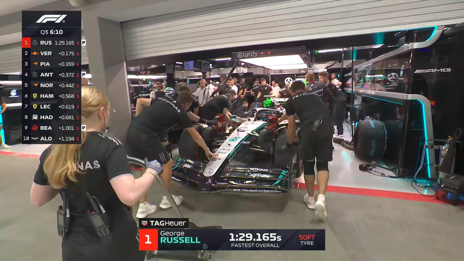 Q3第一轮飞驰圈，拉塞尔暂列第一，维斯塔潘第二！F12025F1新加坡大奖赛 ​