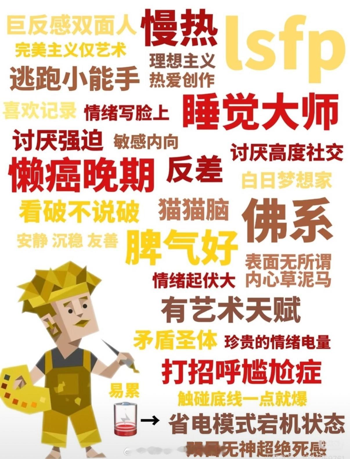 我这几年测过好几次MBTI，一直都是ISFP小画家[衰]，就ISFP这种性格好像