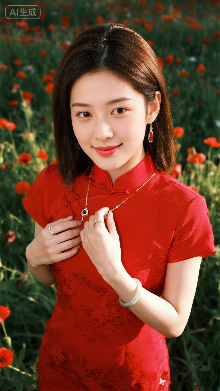 🌸 红色旗袍惊艳绽放，花海中的优雅之美！🌺✨